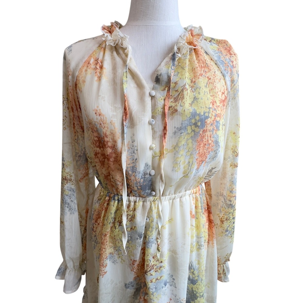 Romantic Feminine Boho INDIGO ROSE Floral Dress Size M Ruffle Cottage Flowy Knee - Picture 4 of 16